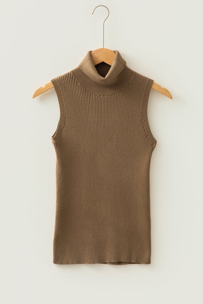 Light French Beige Western Ribbed Knit High Neck Sleeveless Waist Slim Fit Sweater Vest