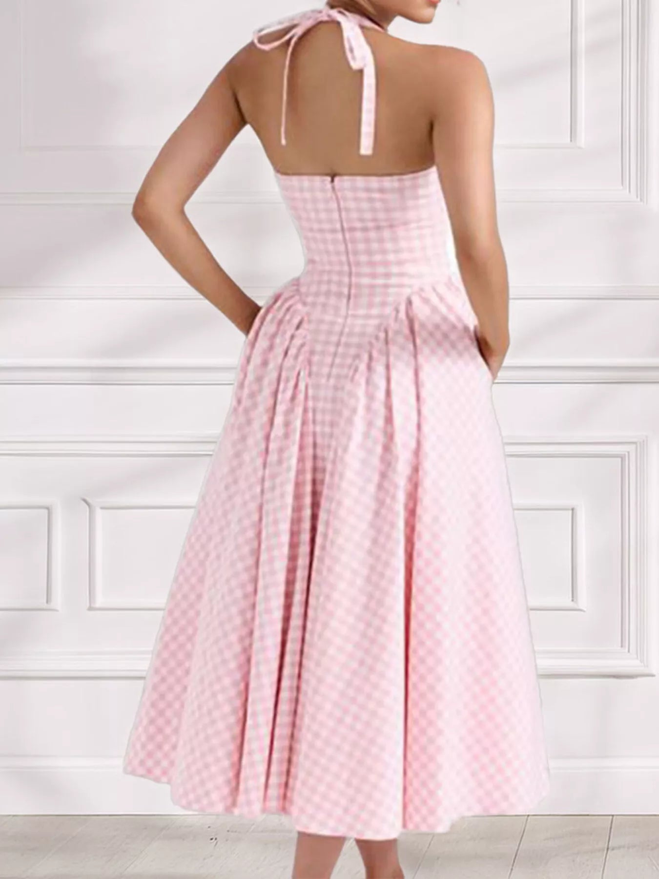 Full Size Gingham Halter Neck Maxi Dress Plus Size
