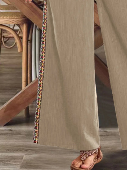Bohemian Wide Leg Embroidered Side Stripe Pants