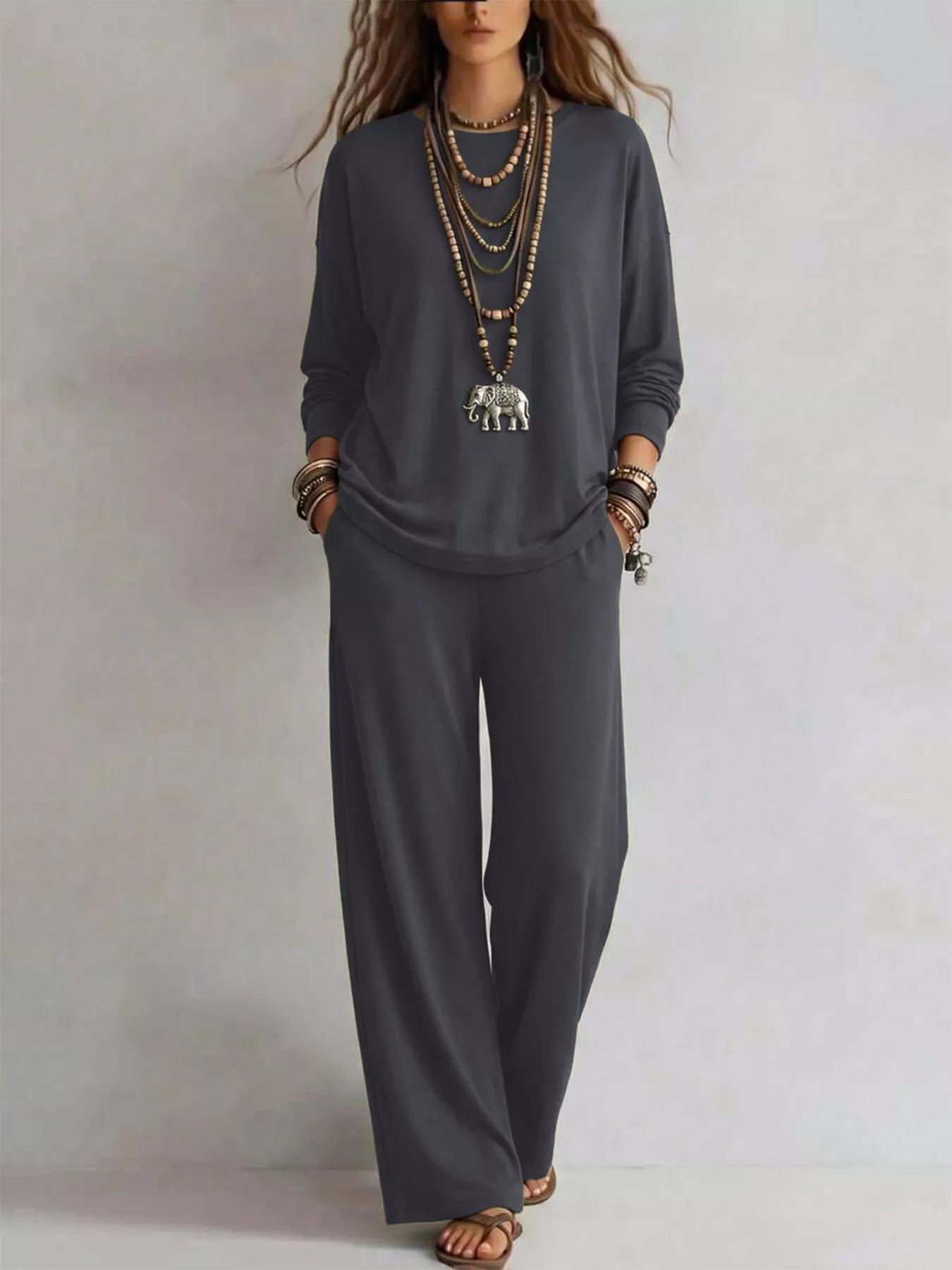 Round Neck T-Shirt and Wide-Leg Pants Set