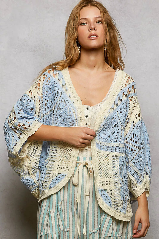 POL Open Front Crochet Cardigan with Scalloped Edge