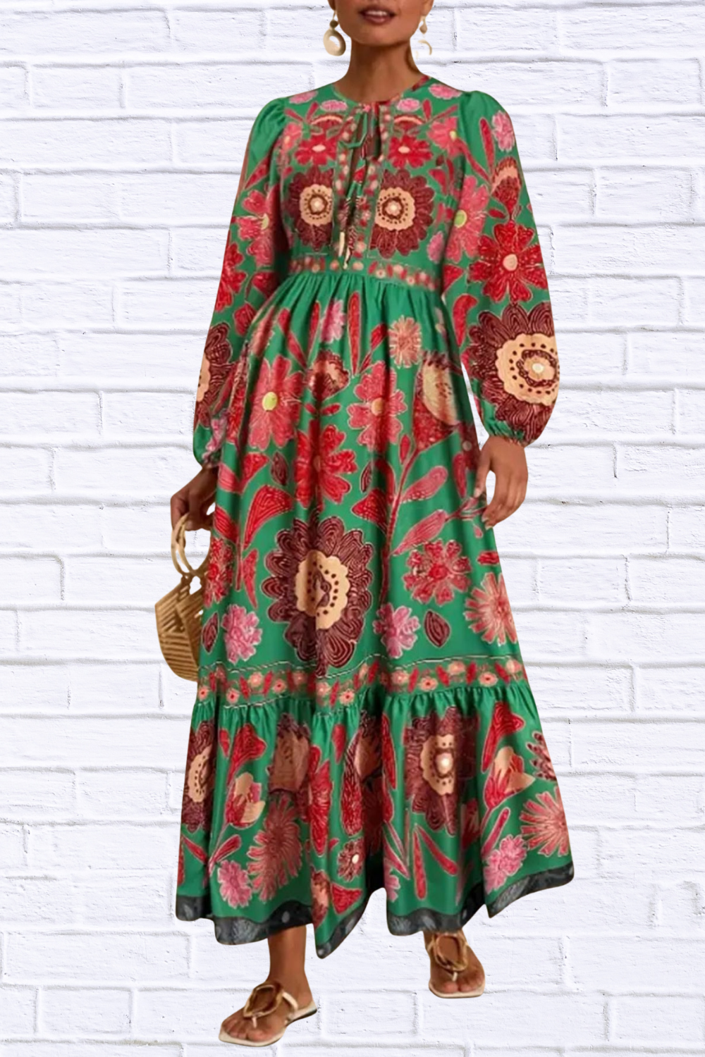 Floral Tie Waist Long Sleeve Dress