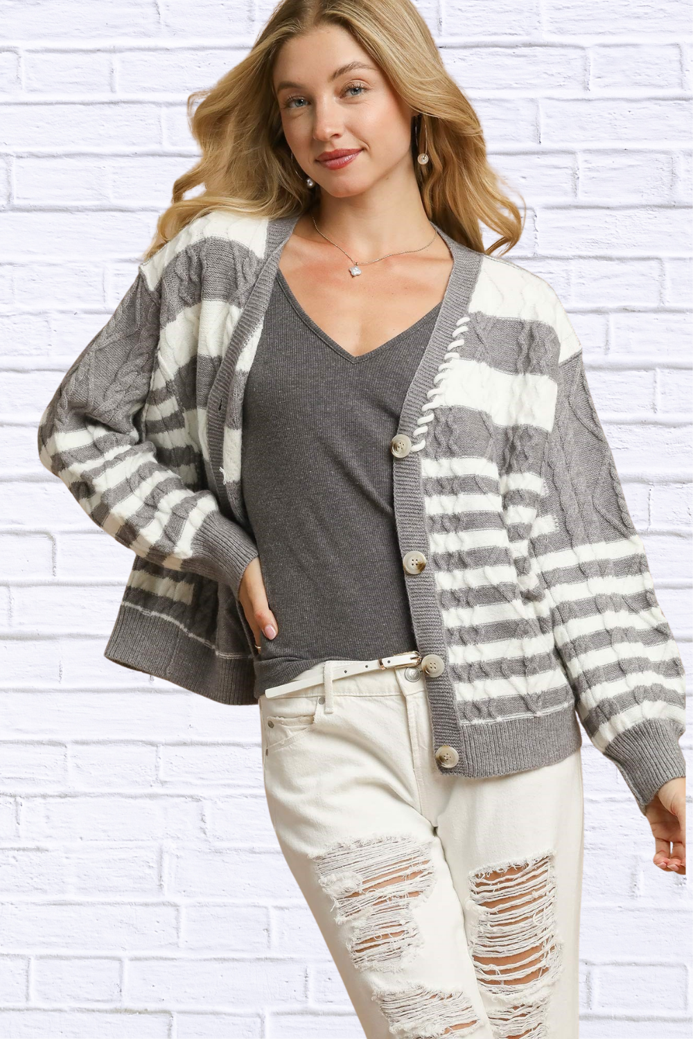 Umgee Cable-Knit Stripe Button-Up Cardigan