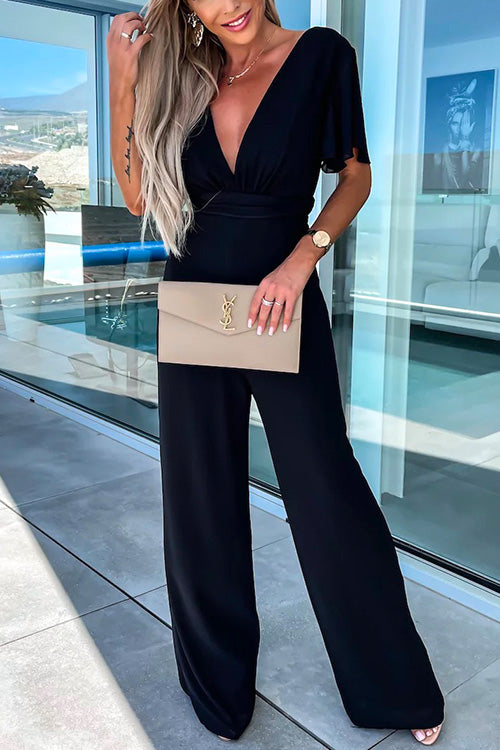 Deep V Neck Ruffle Sleeve High Waist Wide Leg Jumpsuit Black