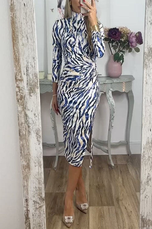 Chic Mockneck Ruched Slit Printed Midi Bodycon Dress Blue