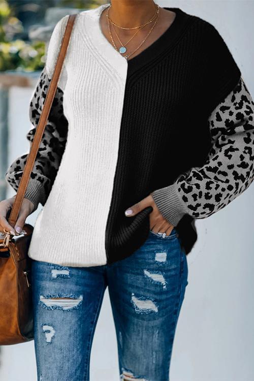 V Neck Leopard Splice Color Block Cozy Sweater Black