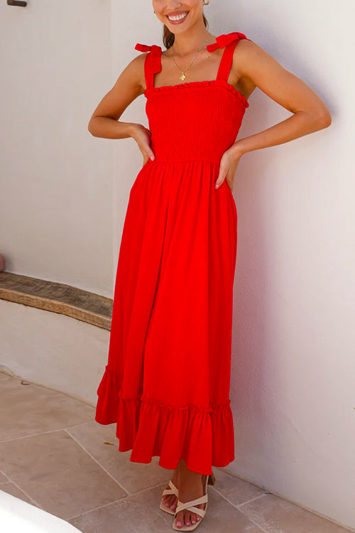 Wide Straps Bow Shoulder Smocked Ruffle Maxi Dress Red