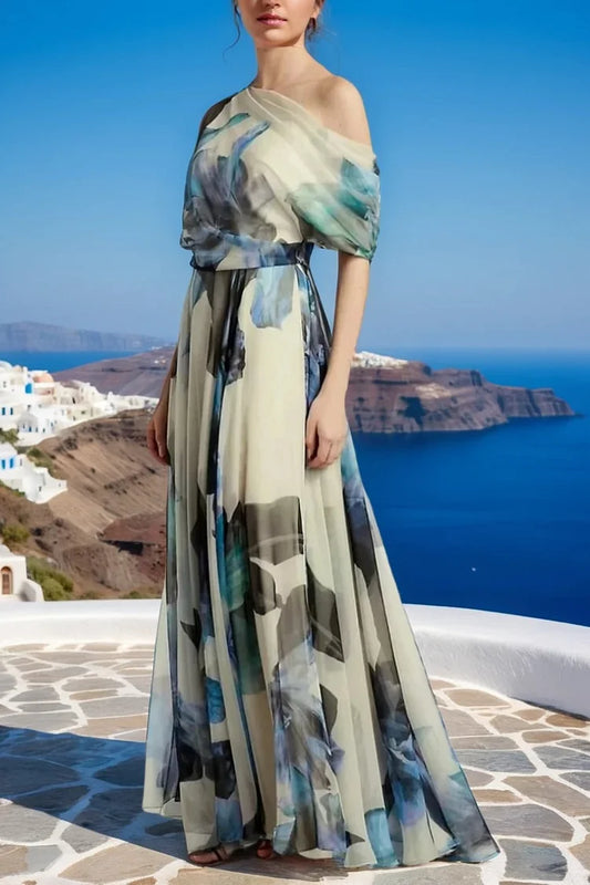 Himmelblaues asymmetrisches Chiffon-Langes Kleid mit Print