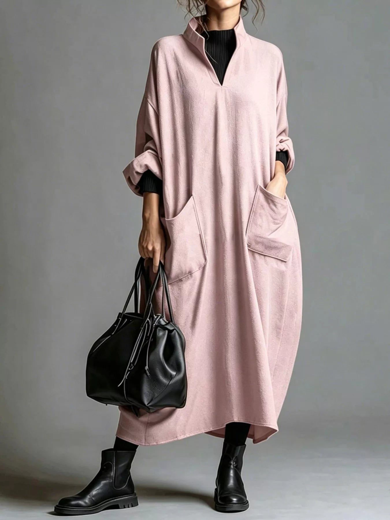 Full Size Loose-Fit Mock Neck Midi Dress with Pockets Plus Size