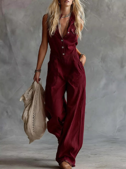 Western Sleeveless Wide-Leg Button-Down Jumpsuit