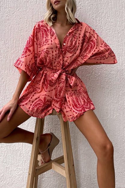 Rosiedress Short Sleeves Button Up Tie Waist Printed Romper Red