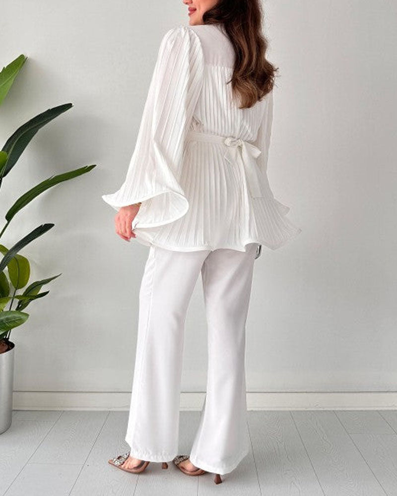 Fashion Round Neck Bat Sleeve Pleated Large Swing Top Suit