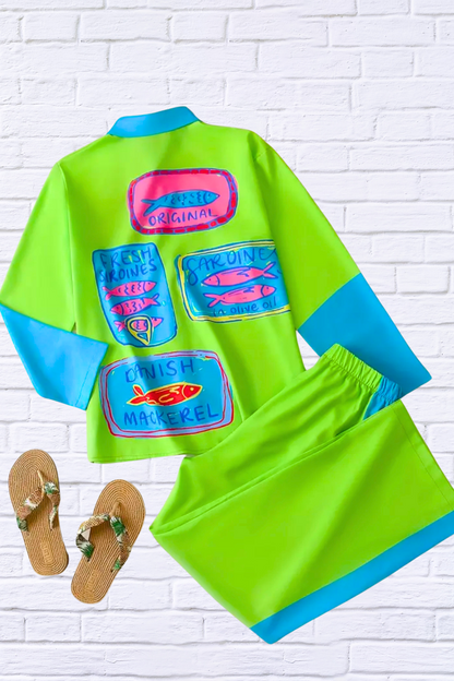 Fun, Bold, Eye-Catching Long Sleeved Elastic Waist Pants Set – Lime Green and Turquoise