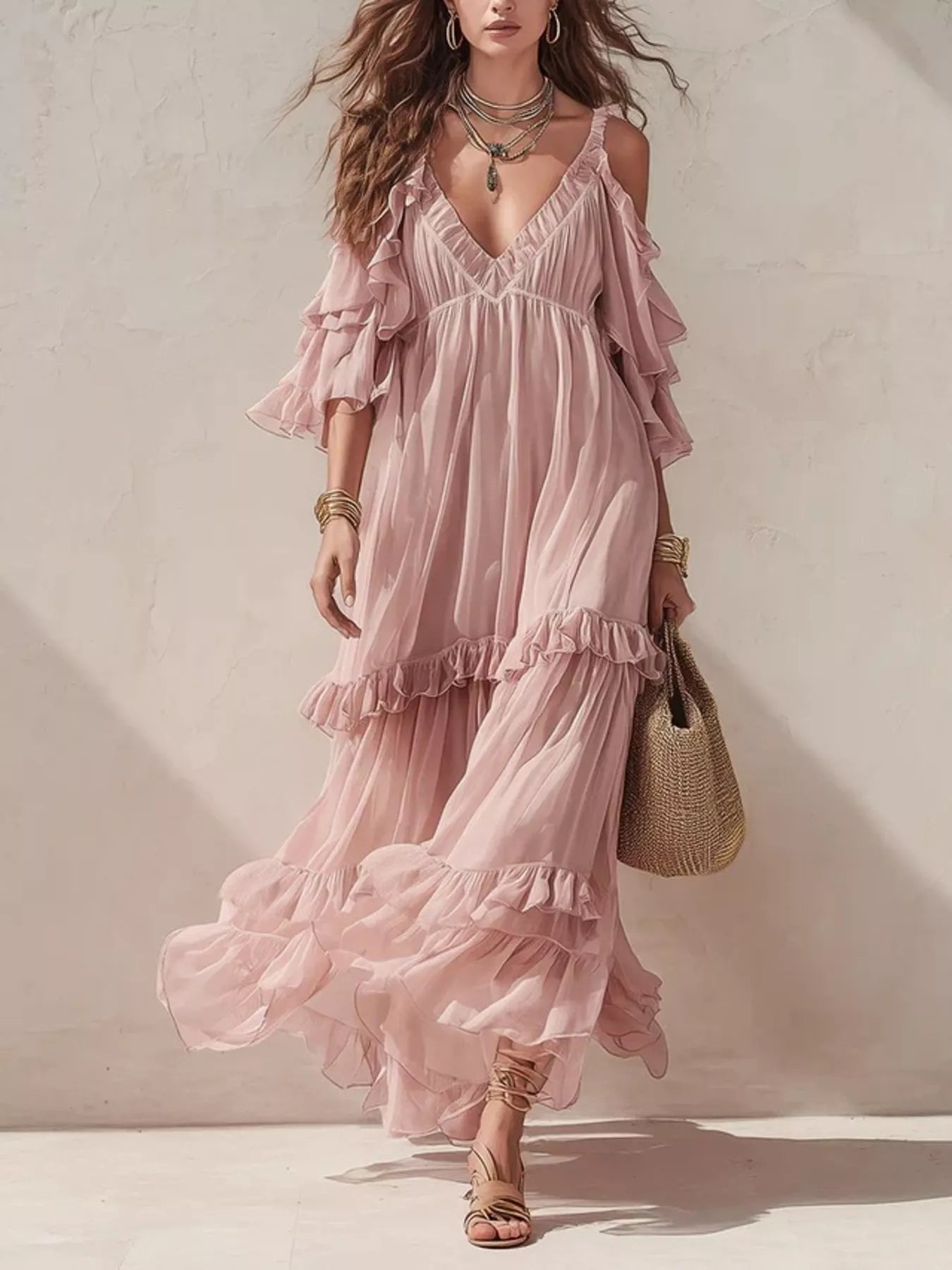 Cold-Shoulder Ruffled Maxi Dress