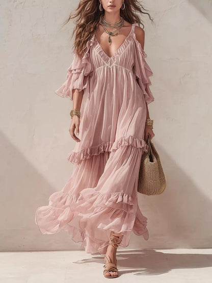 Cold-Shoulder Ruffled Maxi Dress