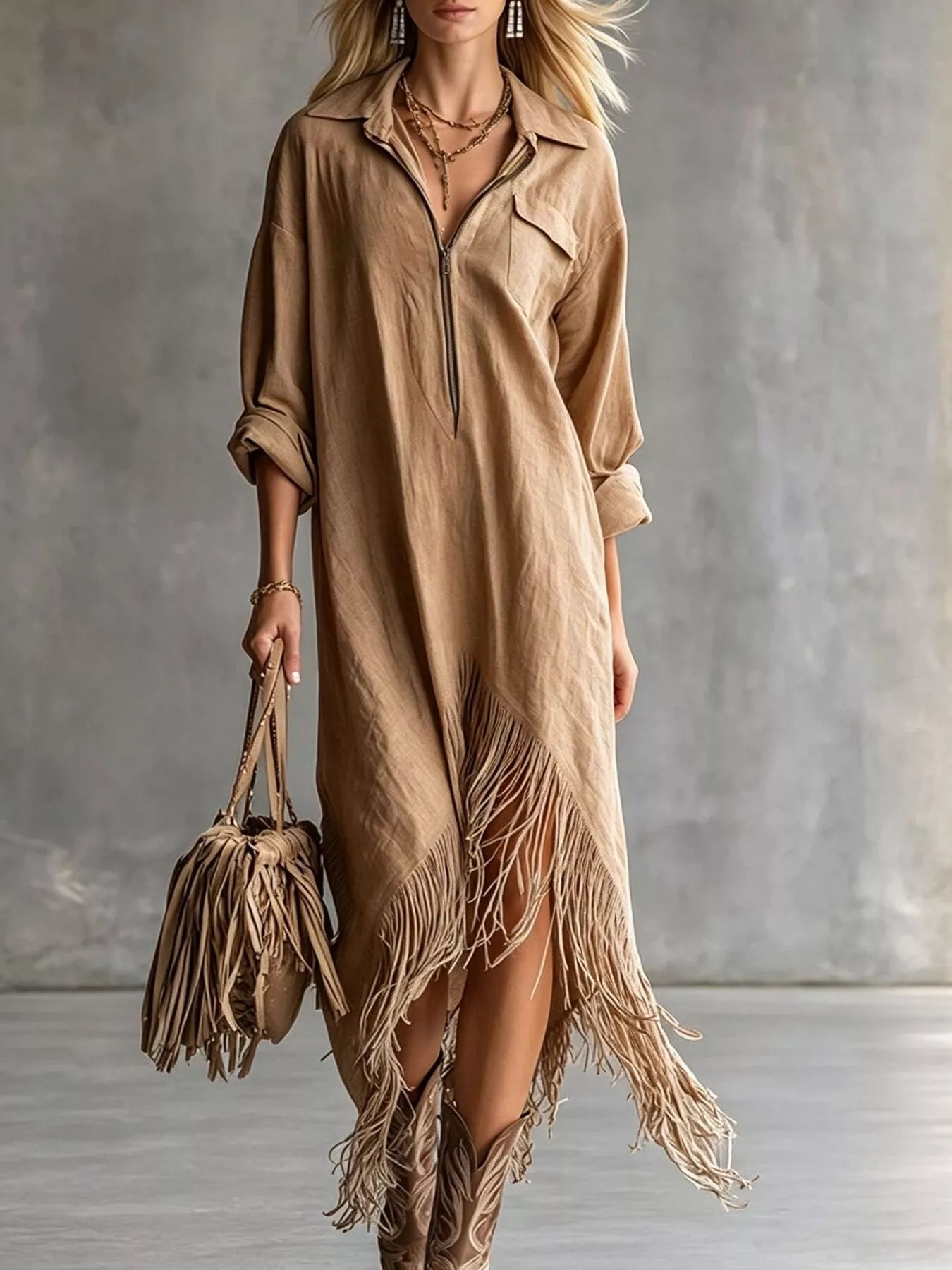 Fringe Hem Zip-Up Shirt Dress