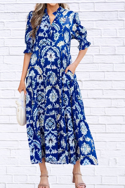 Wild Floral Print Frilled Collar Half Sleeve Dress for Women