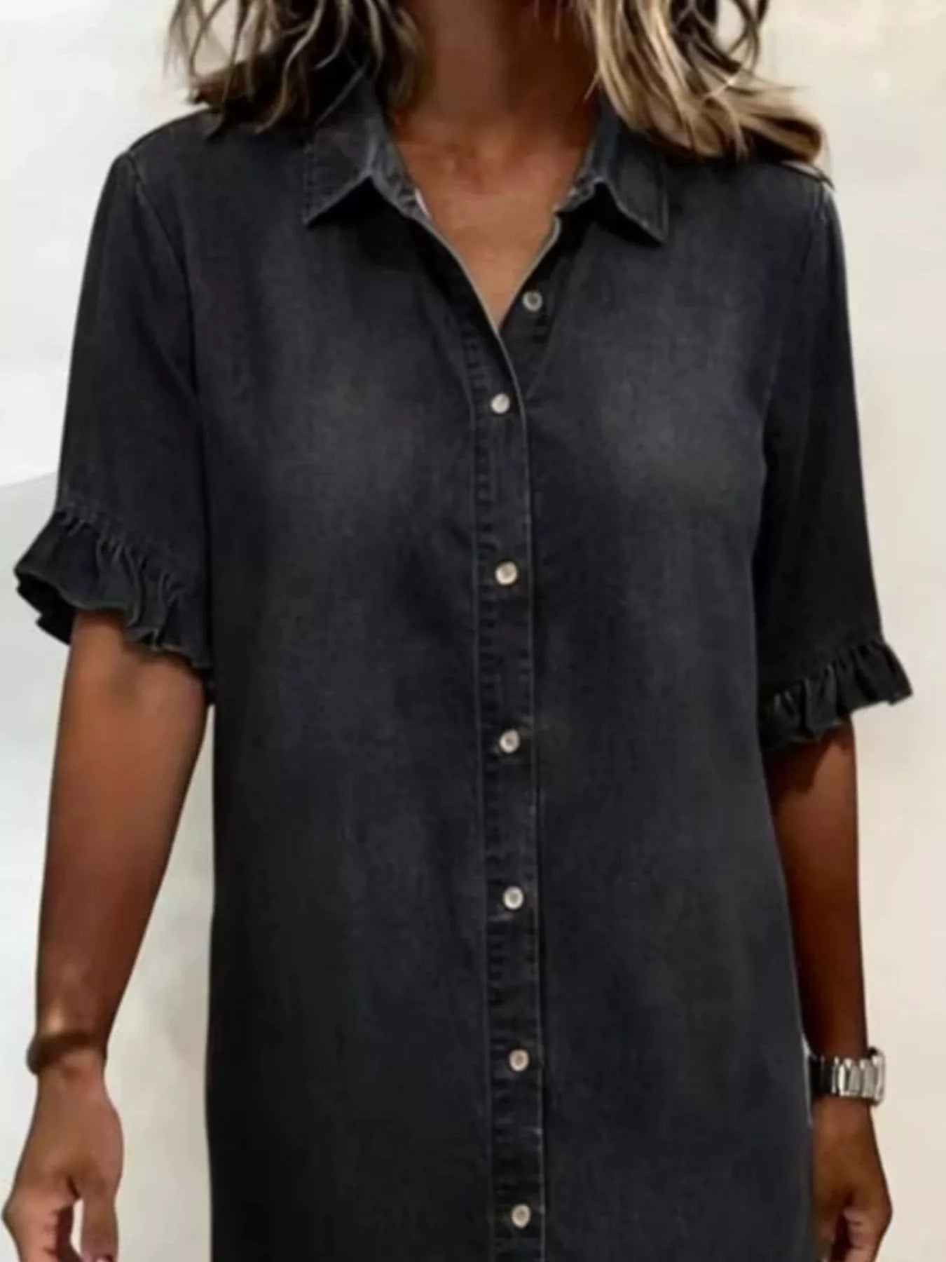 Full Size Ruffled Hem Denim Shirt Dress Plus Size