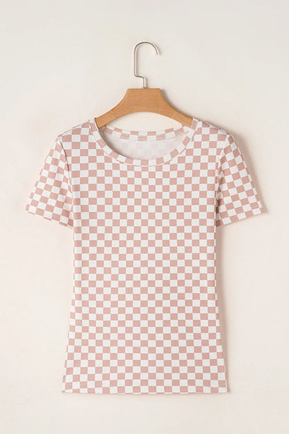 Checkered Ribbed Slim Fit Crew Neck T Shirt