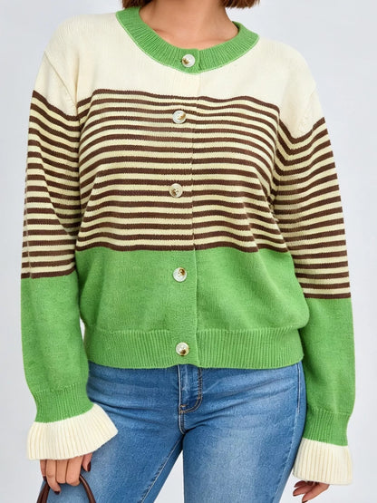Color Block Striped Button Up Cardigan