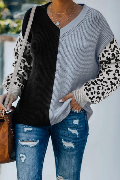 Rosiedress V Neck Leopard Splice Color Block Cozy Sweater Gray