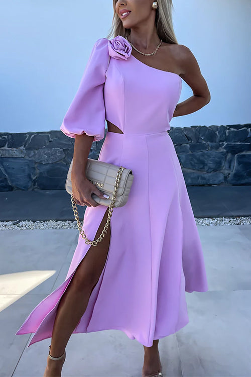 Rosiedress 3D Rose One Shoulder Cut Out Waist Slit Midi Satin Dress