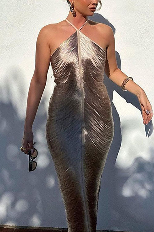 Rosiedress Chicest Halter Draped Fringe Maxi Party Dress Silver