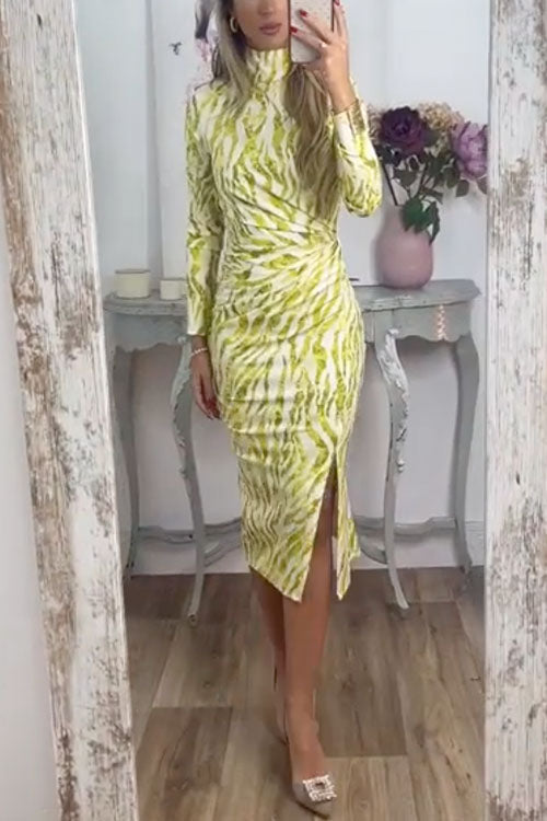 Chic Mockneck Ruched Slit Printed Midi Bodycon Dress Green