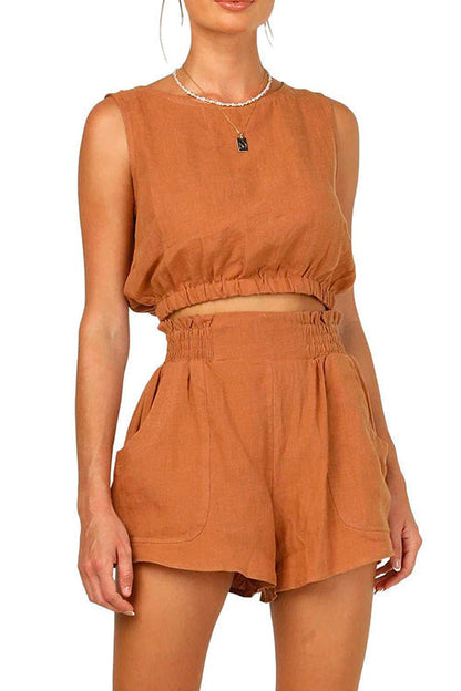 Solid Crop Tank Top Elastic Waist Wide Leg Shorts Set Caramel
