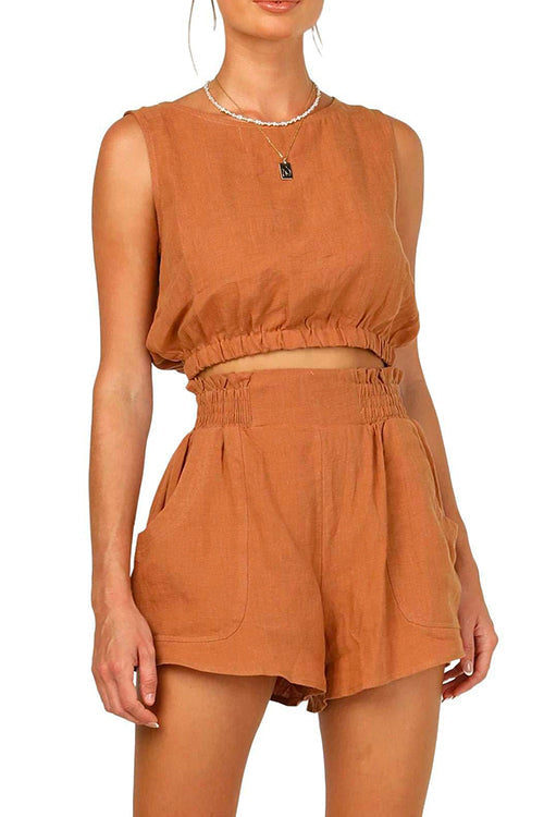 Rosiedress Solid Crop Tank Top Elastic Waist Wide Leg Shorts Set Caramel