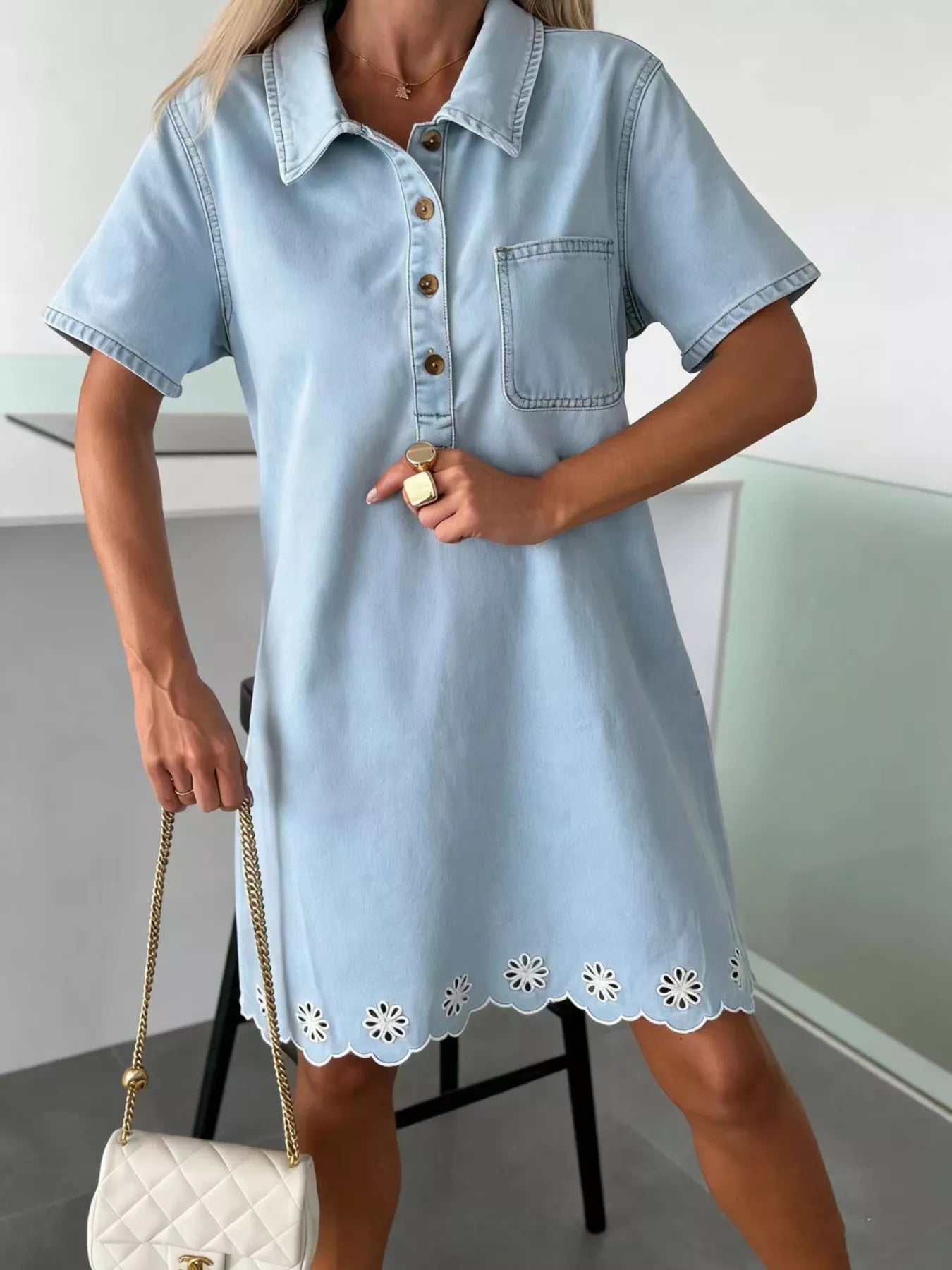 Scalloped Floral Hem Denim Dress