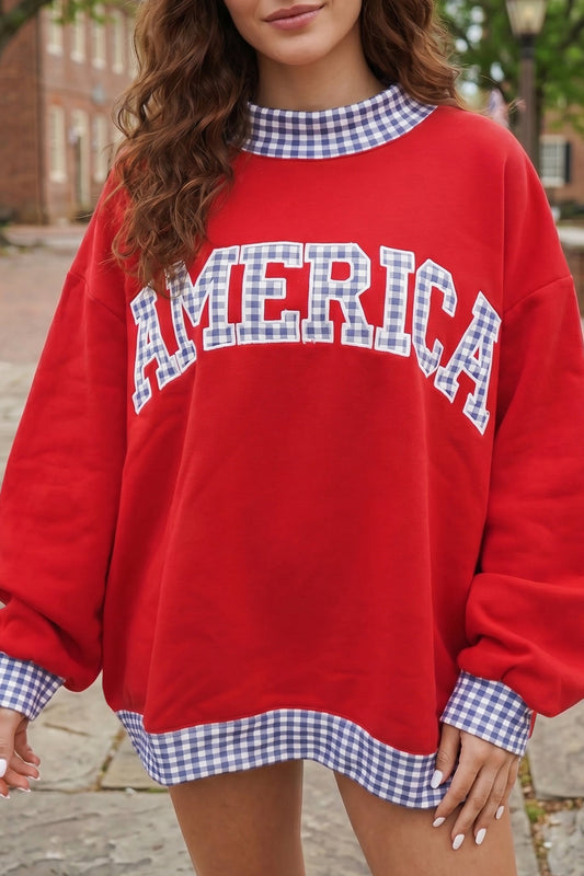 Red Plaid Trim High Neck AMERICA/ USA Letter Graphic Baggy Sweatshirt