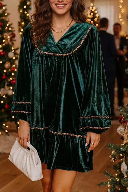 Leopard Trim Velvet Long Sleeve Shift Dress