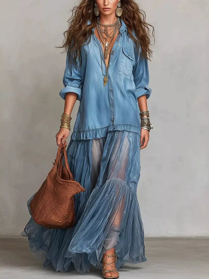 Full Size Tiered Long Sleeve Denim Shirt Maxi Dress Plus Size