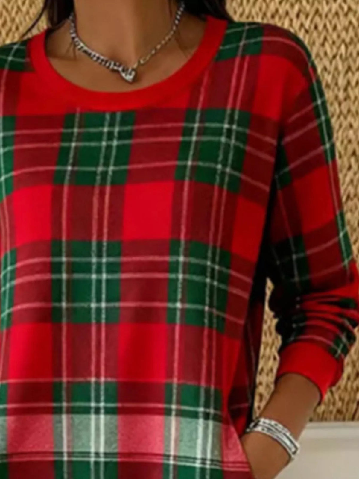 Full Size Plaid Long Sleeve Crew Neck Dress with Pockets Plus Size