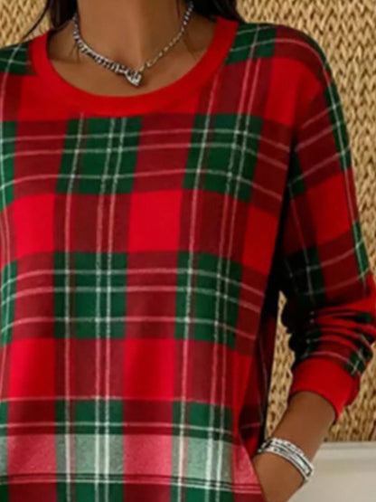 Full Size Plaid Long Sleeve Crew Neck Dress with Pockets Plus Size