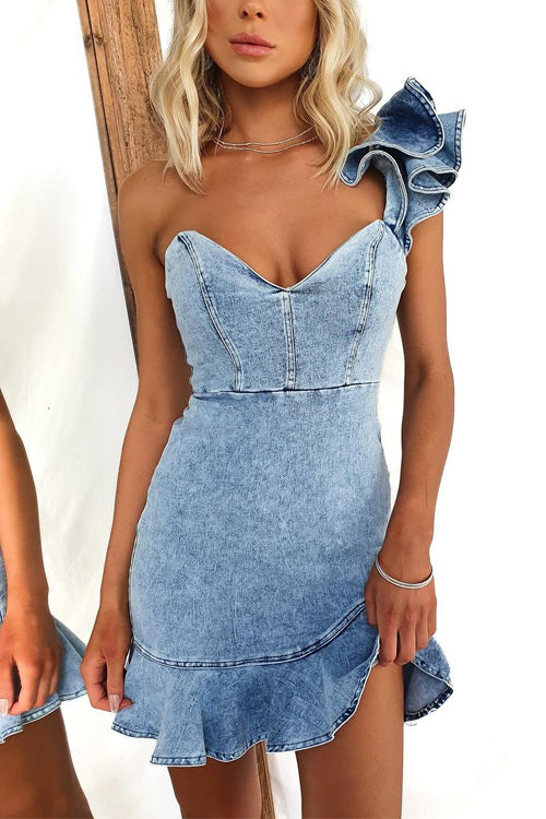 One Shoulder Ruffle Trim Bodycon Denim Mini Dress LightBlue