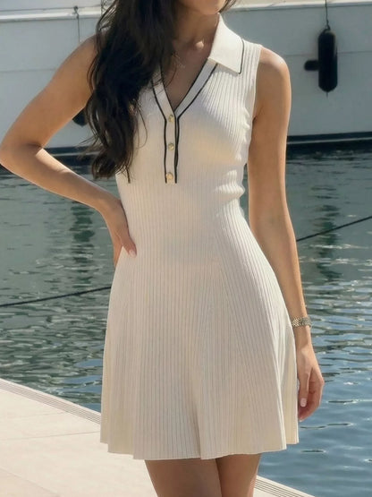 Sleeveless Ribbed Knit Polo Sweater Dress