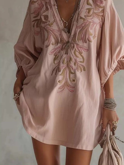 Full Size Embroidered V-Neck Mini Dress Plus Size