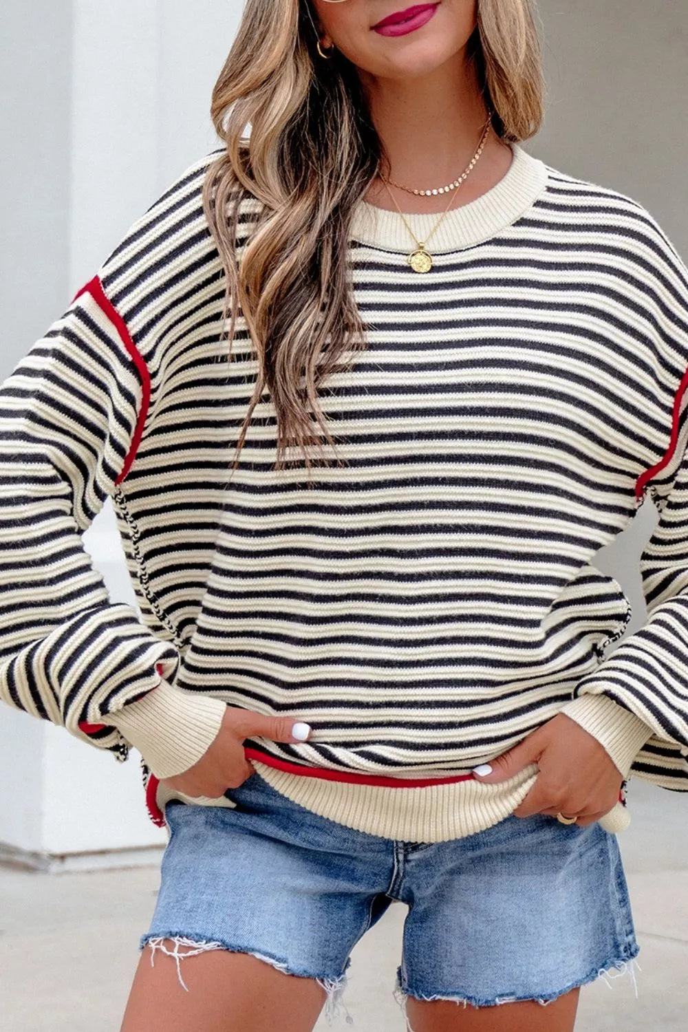 Stripe Ribbed Trim Drop Shoulder Oversized Sweater