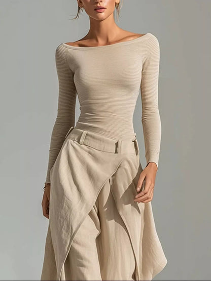 Boat Neck Long Sleeve Top and Wrap-Front Wide Leg Pant Set