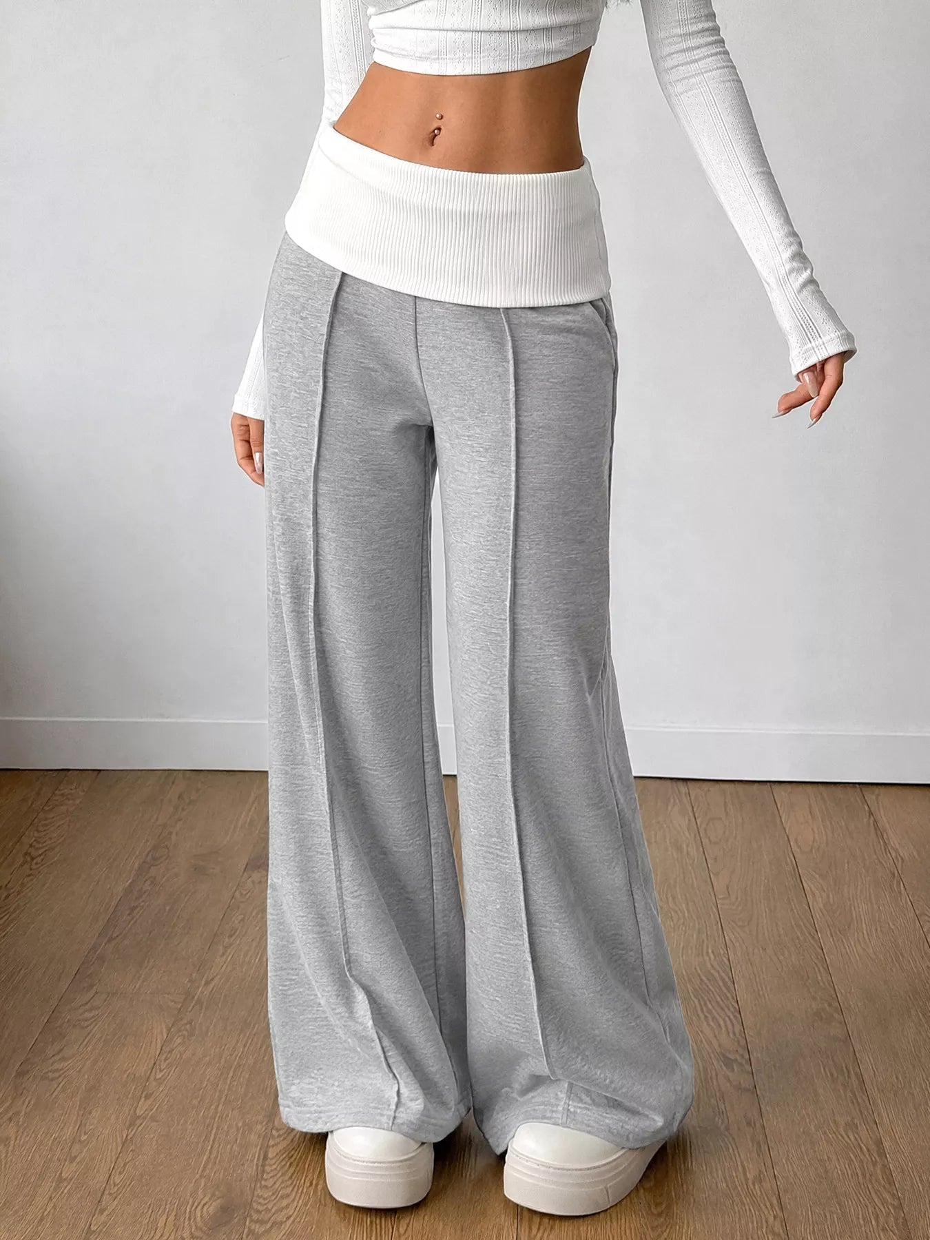 High-Waisted Wide-Leg Contrast Pants