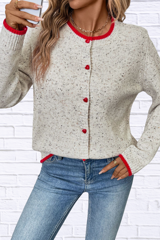 Contrast Trim Button Up Long Sleeve Cardigan