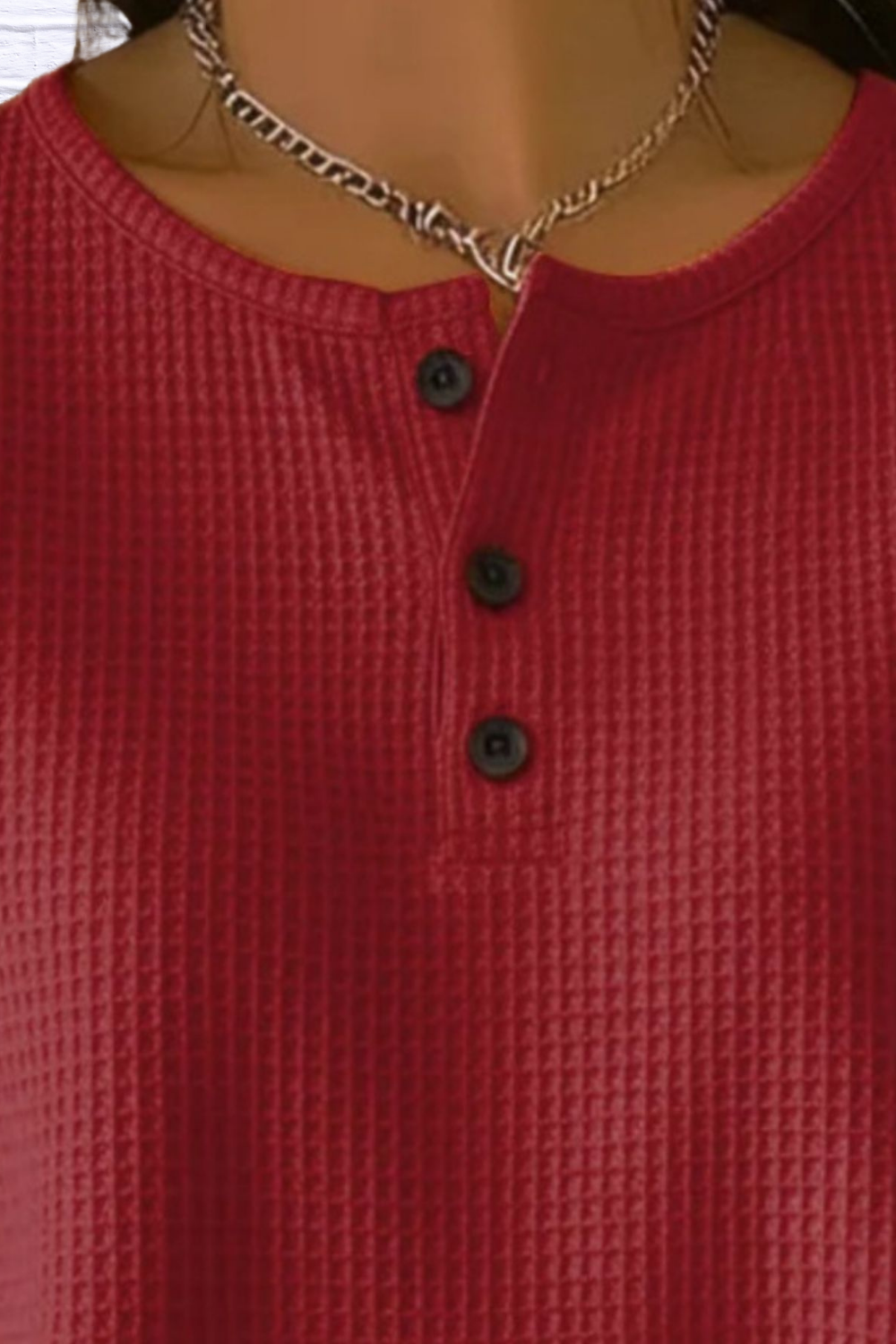 Full Size Waffle Knit Button Detail Top Plus Size