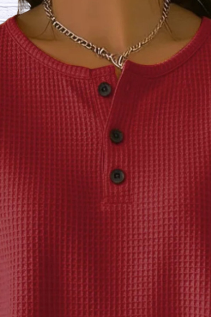Full Size Waffle Knit Button Detail Top Plus Size