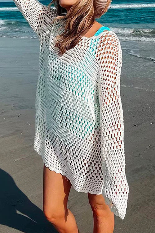 Rosiedress Long Sleeves Hollow Out Crochet Beach Cover Up Dress