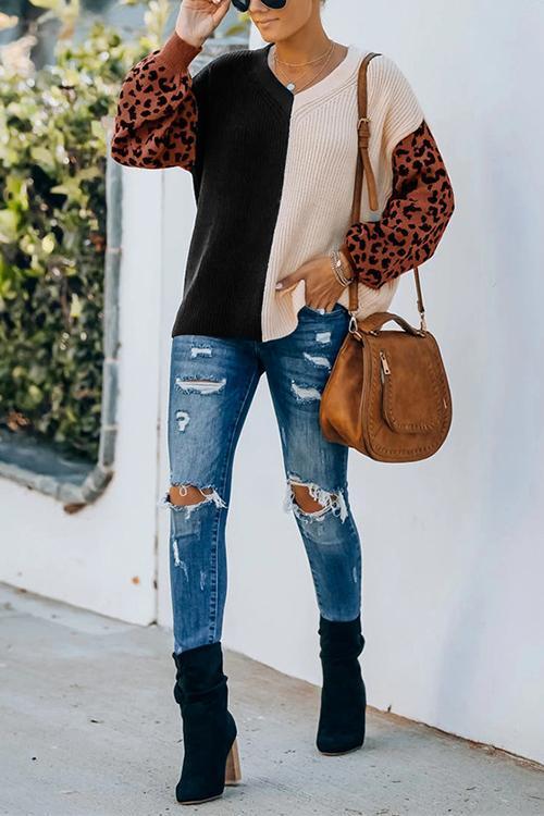 Rosiedress V Neck Leopard Splice Color Block Cozy Sweater