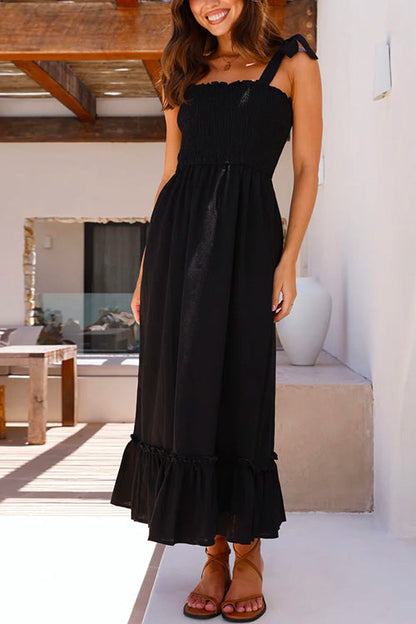 Rosiedress Wide Straps Bow Shoulder Smocked Ruffle Maxi Dress Black