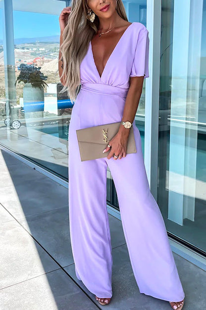 Rosiedress Deep V Neck Ruffle Sleeve High Waist Wide Leg Jumpsuit Purple