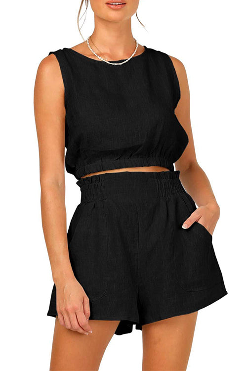 Solid Crop Tank Top Elastic Waist Wide Leg Shorts Set Black